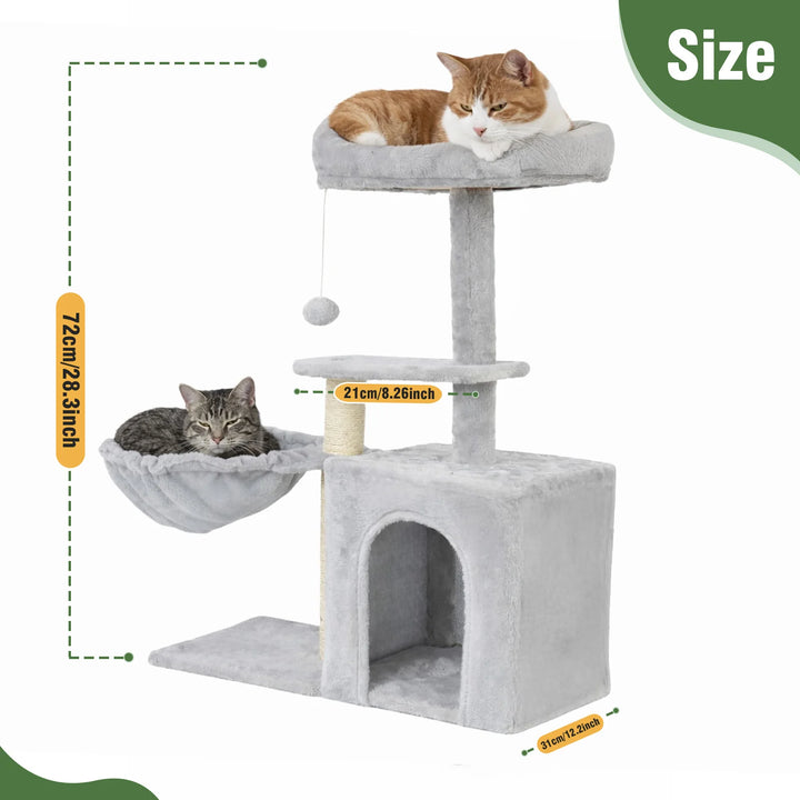 Arbre à chat compact 80 cm gris avec double niche et griffoirs
