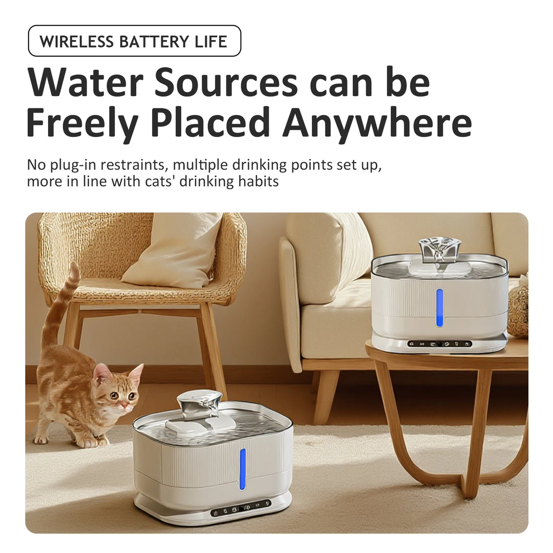Fontaine à eau sans fil pour chats, coloration blanche, design élégant, multiple points de boisson.