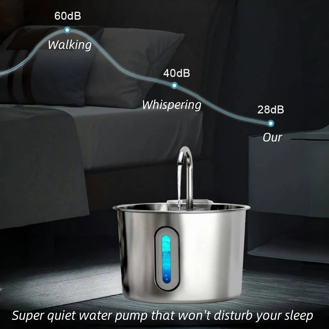 Pompe à eau silencieuse en acier inoxydable, éclairage LED bleu, idéale pour ne pas déranger le sommeil.
