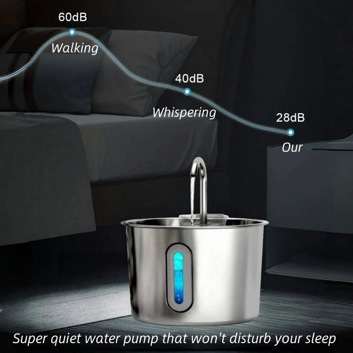 Pompe à eau silencieuse en acier inoxydable, éclairage LED bleu, idéale pour ne pas déranger le sommeil.