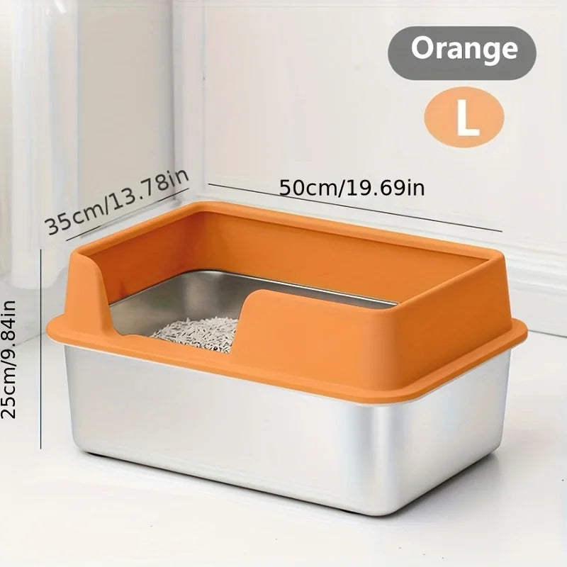 Bac à litière chat en acier inoxydable avec rebords hauts – Modèle "SteelGuard Anti-Projections"