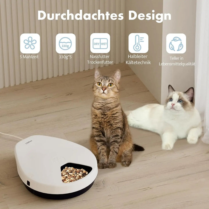 Distributeur automatique de croquettes pour chats, blanc, 5 repas, capacité 330g, design moderne.
