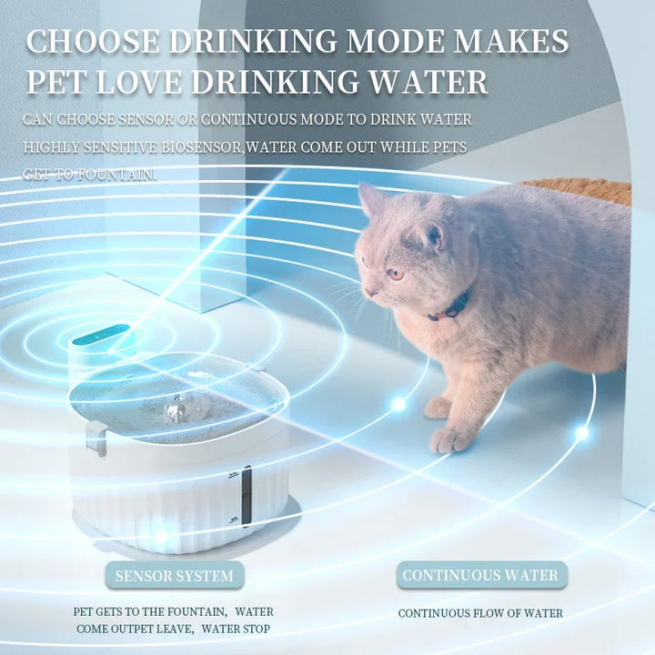Fontaine pour animaux, mode capteur ou continu, eau filtrée, design moderne, idéale pour chats et chiens.