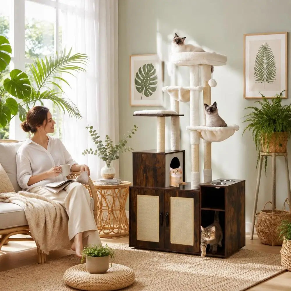 Meuble arbre à chat 3 en 1 avec cache litière et gamelles surélevées