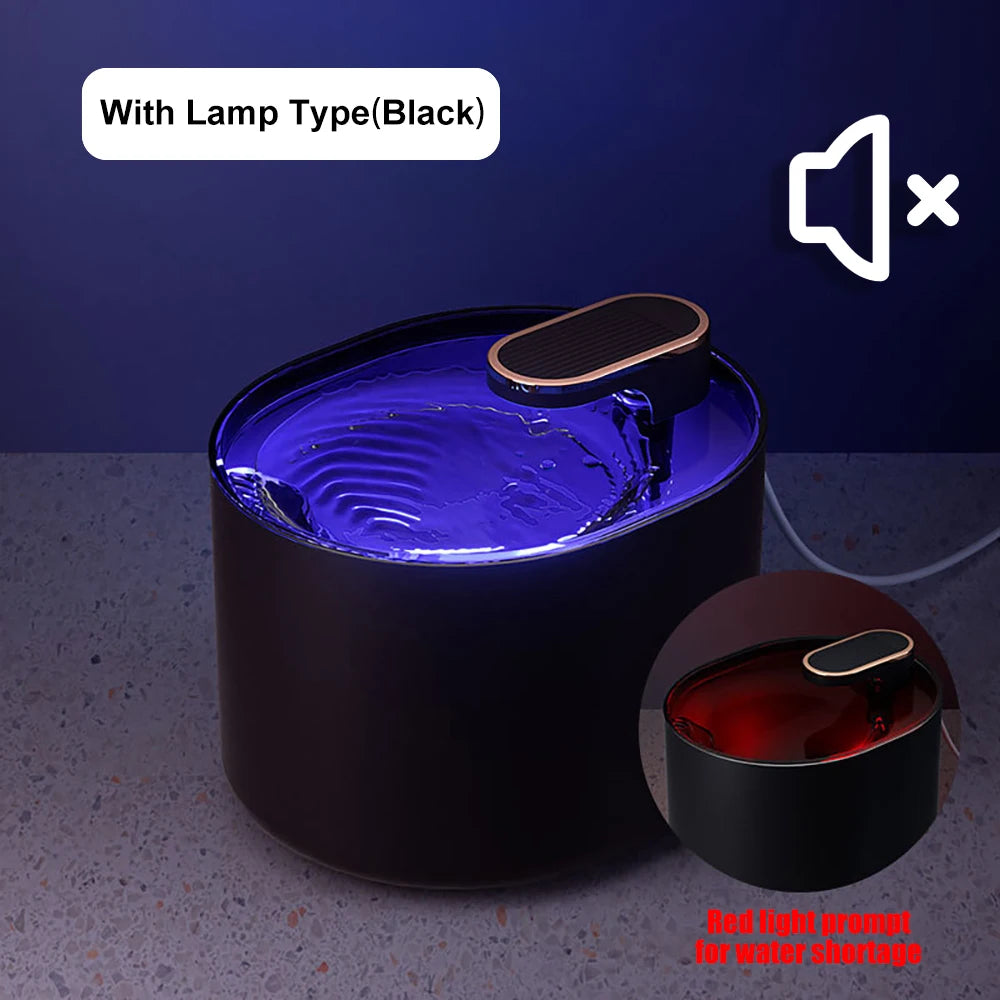 Fontaine d'eau noire avec lampe intégrée, indicateur de faible niveau d'eau lumineux, design moderne.