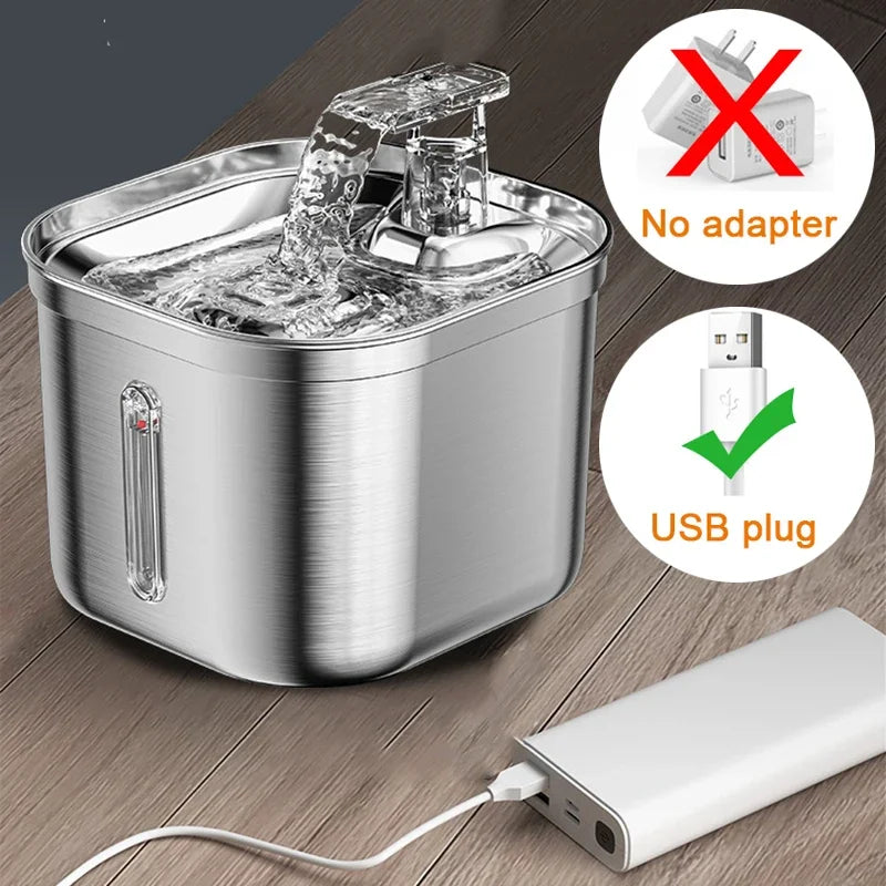 Fontaine à eau en acier inoxydable, connectivité USB, design moderne et pratique sans adaptateur.