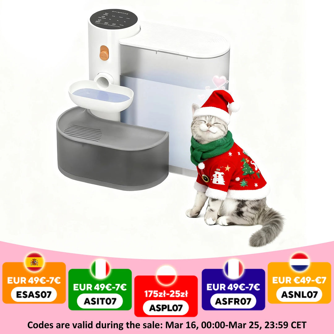 Fontaine pour chats, design moderne, gris et blanc, avec bol d'eau intégré, idéale pour hydrater votre animal.