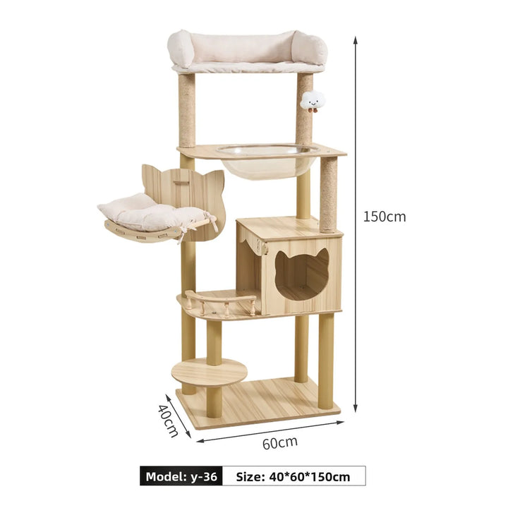 Arbre à chat en bois avec capsule spatiale et poteaux à griffer