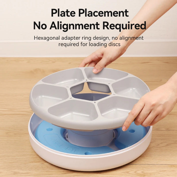 Support de disque hexagonal, design sans alignement, couleur gris et bleu, facilite le chargement des disques.