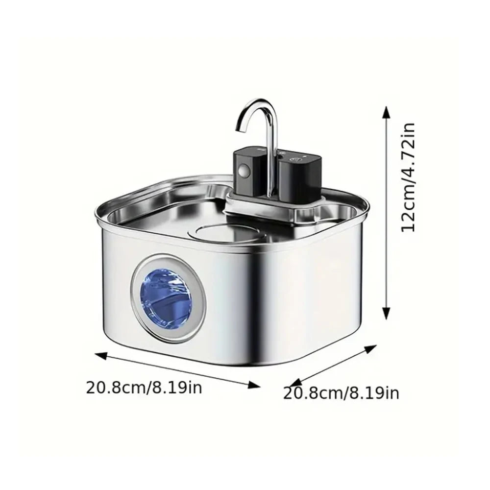 Évier carré en acier inoxydable, 20.8 cm, avec robinet noir et fenêtre bleue, hauteur 12 cm.