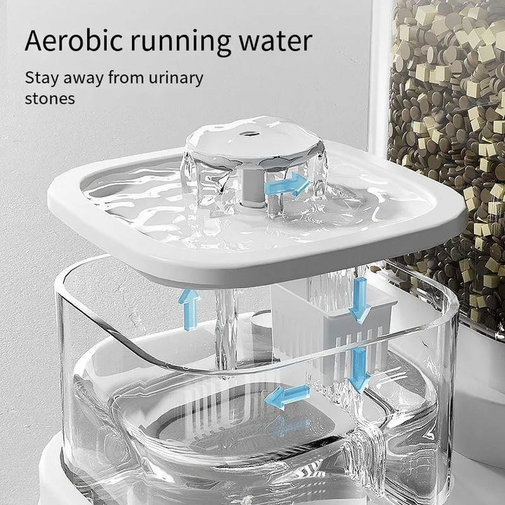 Fontaine à eau aérobique blanche, design élégant, prévient les calculs urinaires avec un mouvement d'eau.