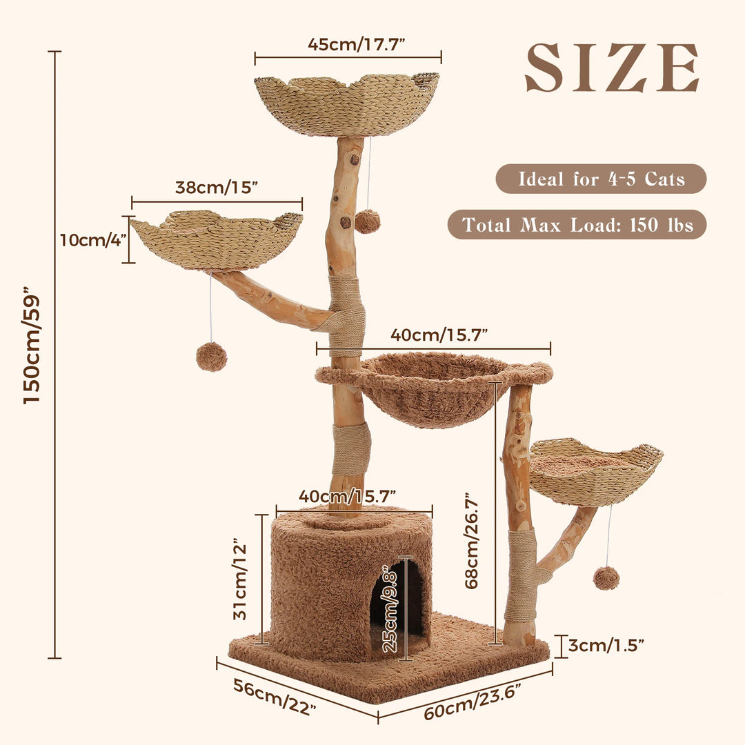 Arbre à chat 150 cm en bois massif avec panier tressé et plateformes fleur