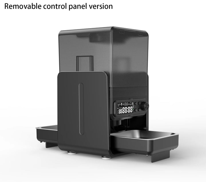 Machine à café noire avec panneau de contrôle amovible et tiroir, design moderne et fonctionnel.