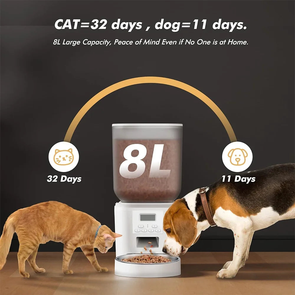 Distributeur automatique de nourriture pour animaux 8L, capacité élevée, pour chats et chiens, durée de 32 jours.