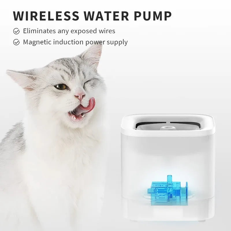 Fontaine à eau sans fil pour animaux, couleur blanche, avec alimentation par induction magnétique.
