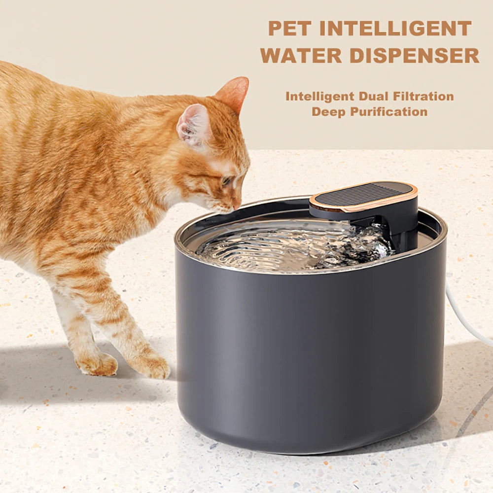 Distributeur d'eau intelligent pour animaux, couleur gris, filtration double, purification profonde, idéal pour chats.