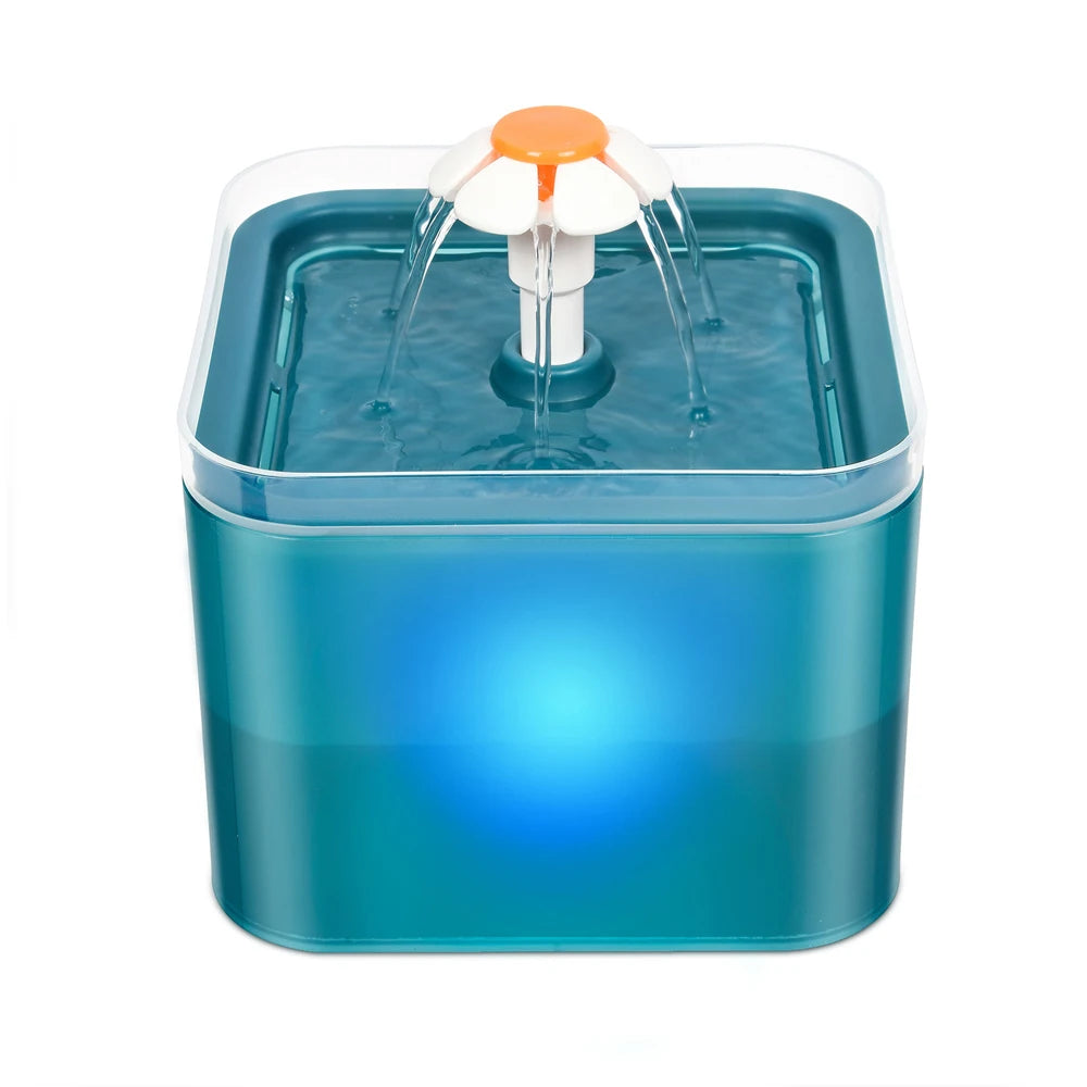 Fontaine d'eau carrée en plastique bleu avec jets d'eau et éclairage LED intégré, idéale pour animaux de compagnie.