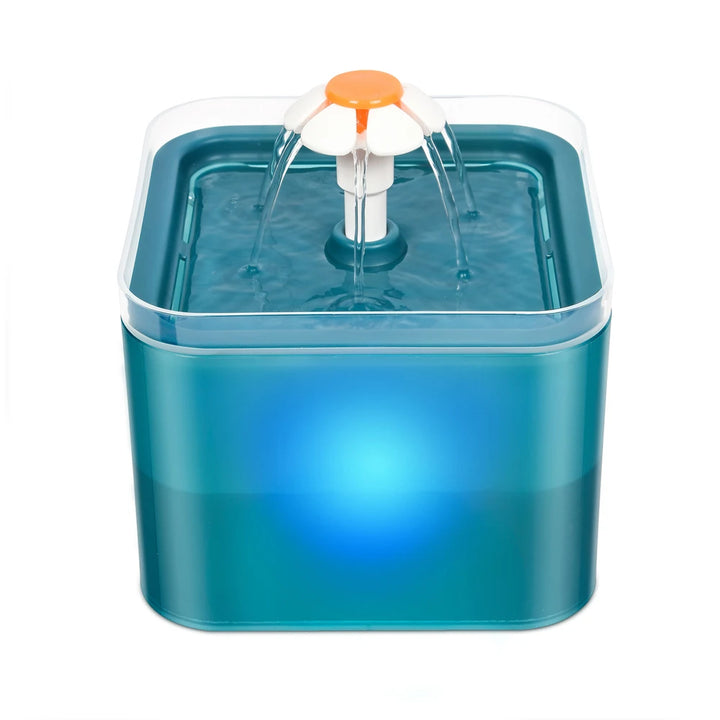Fontaine d'eau carrée en plastique bleu avec jets d'eau et éclairage LED intégré, idéale pour animaux de compagnie.