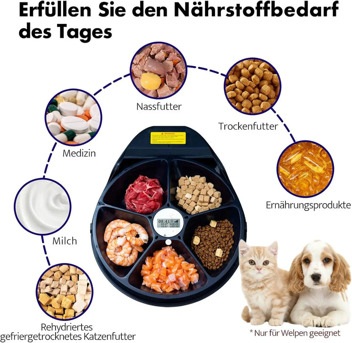 Distributeur automatique de nourriture pour animaux avec divers nutriments, adapté aux chiots, noir.