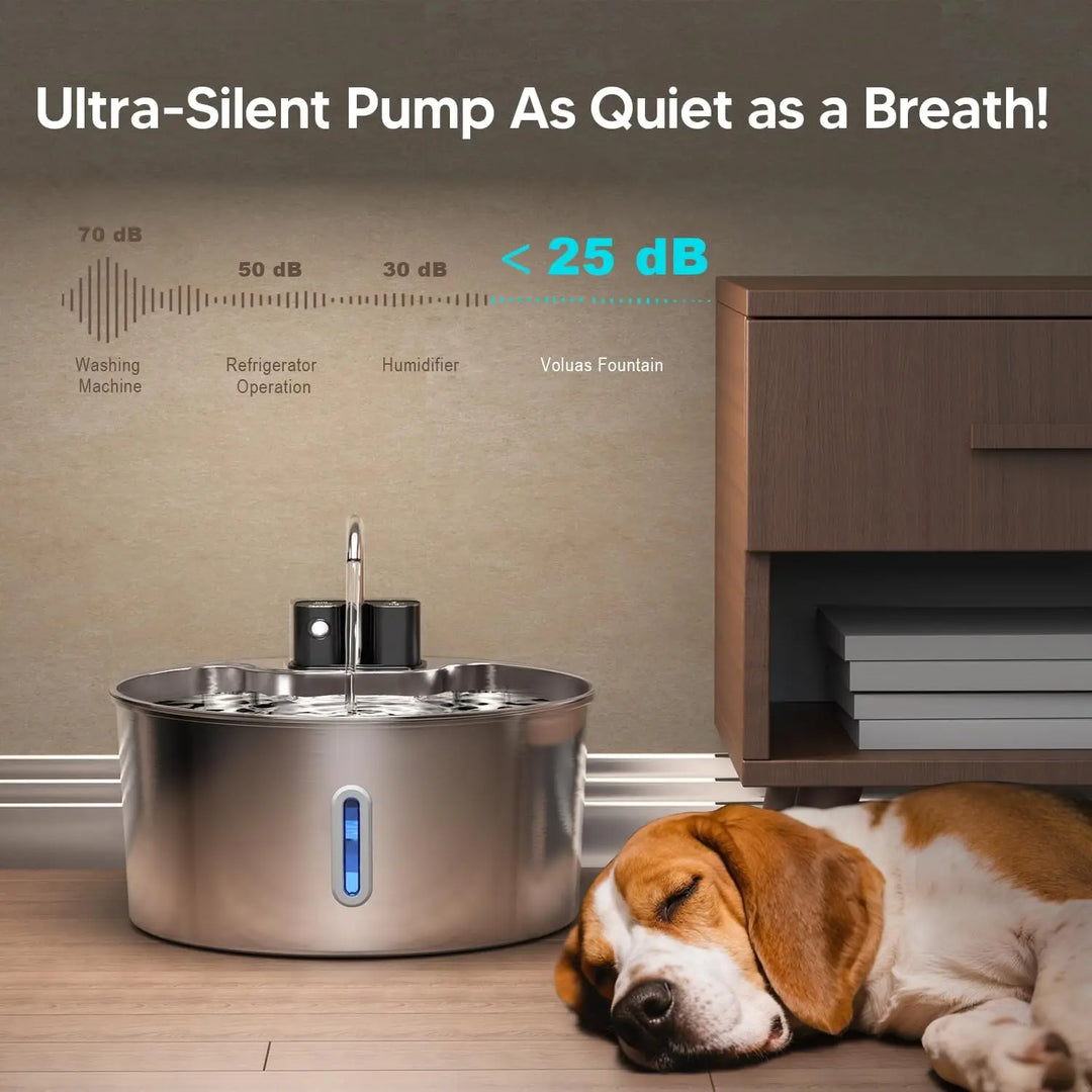 Fontaine pour animaux Voluas en acier inoxydable, ultra-silencieuse, moins de 25 dB, design élégant.