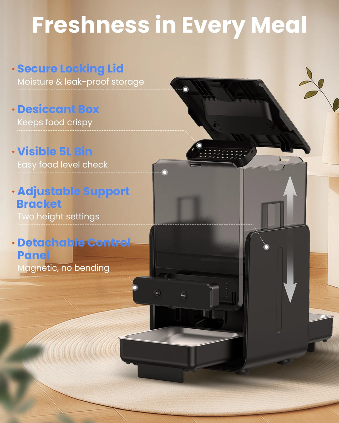 Distributeur alimentaire noir avec couvercle hermétique, bac de 5L, et panneau de contrôle détachable.