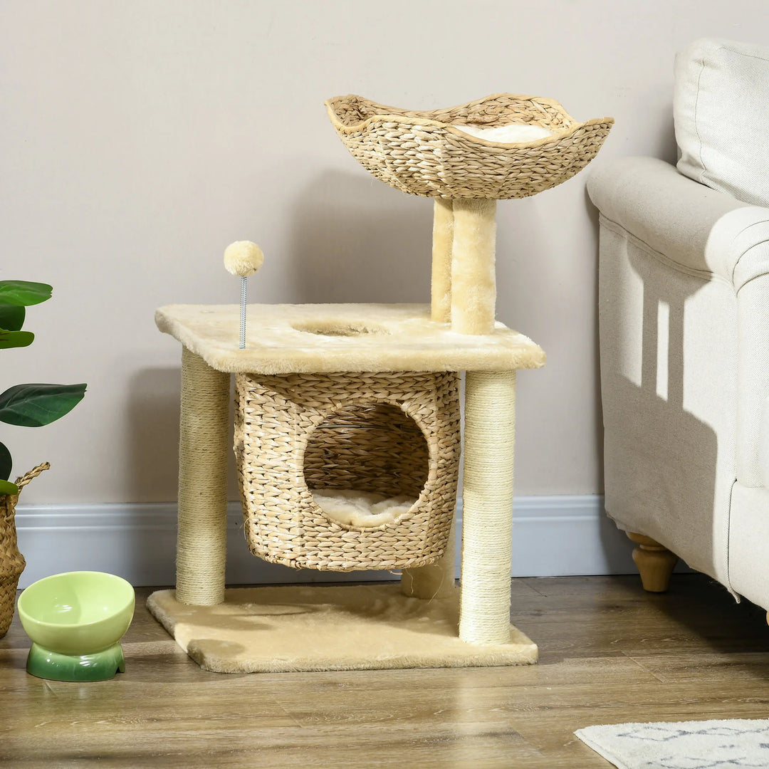 Arbre à chat 74 cm beige avec niche et panier tressé
