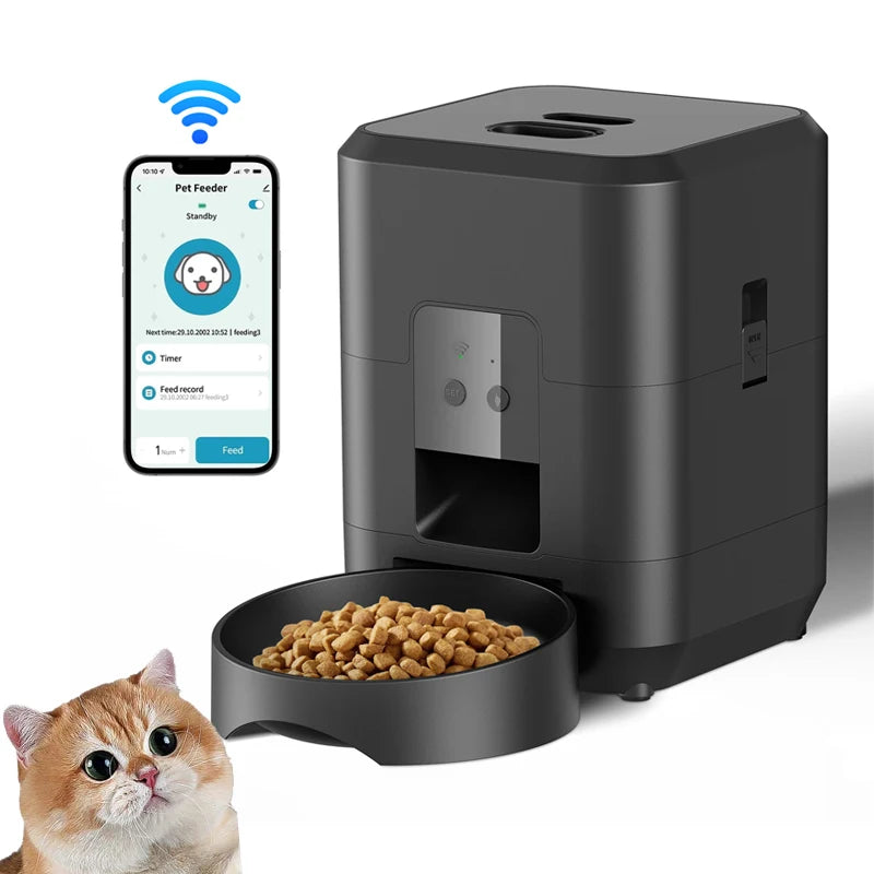 Distributeur automatique d'aliments pour animaux, noir, contrôle via smartphone, pour chats et chiens.