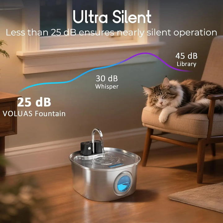 Fontaine VOLUAS ultra silencieuse en acier inoxydable, moins de 25 dB, idéale pour animaux de compagnie.