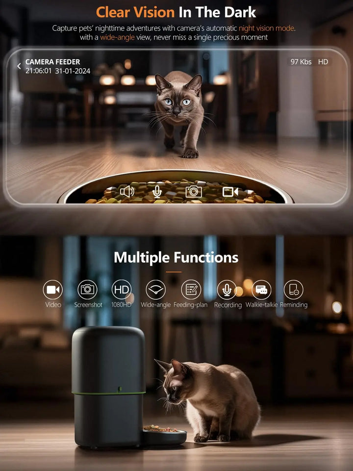 Distributeur de nourriture intelligent pour chats, noir, avec caméra HD et vision nocturne, fonctionnalités multiples.