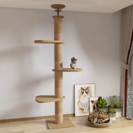 Arbre a chat XXL en bois naturel du sol au plafond avec hamac, Adapté gros chats, Maine Coon - Modèle : "SkyCat"