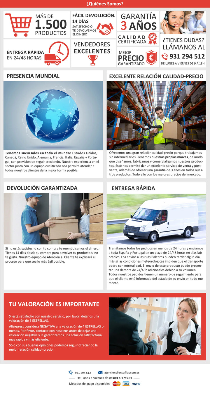 Service client de qualité, retour facile en 14 jours, livraison rapide 24/48h, garantie de 3 ans.