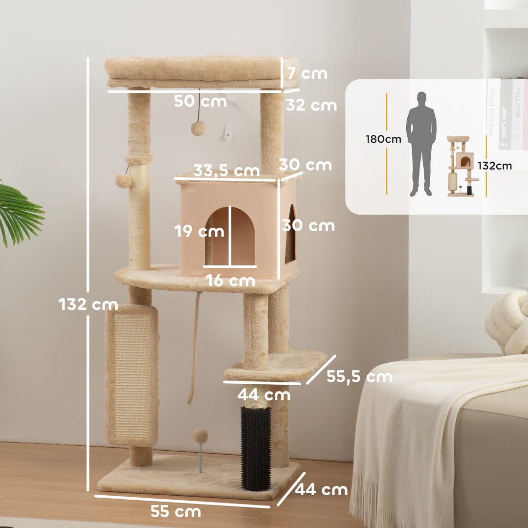 Arbre à chat 132 cm beige avec brosse intégrée et niche