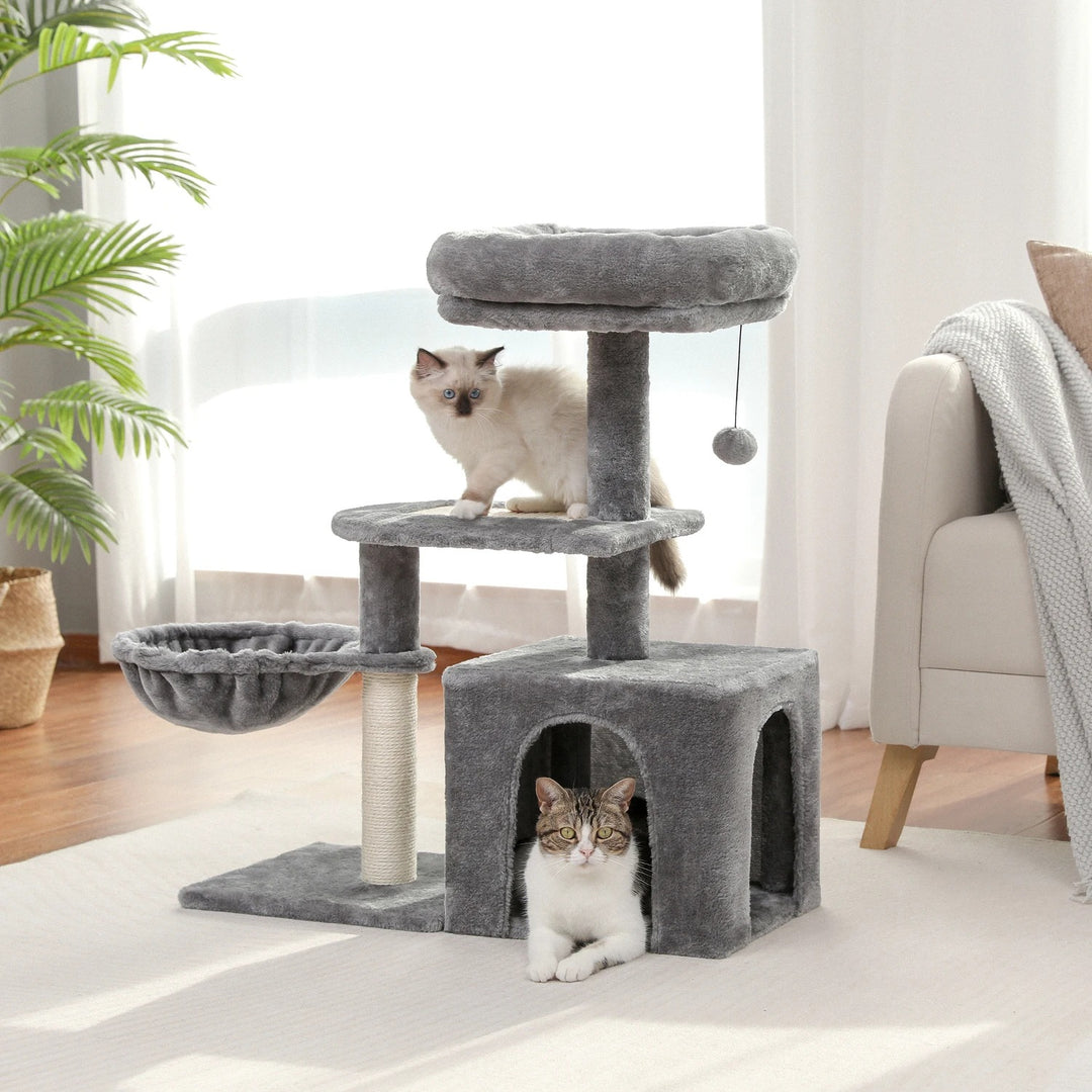 Arbre a chat beige / gris doux avec nid perché avec HAMAC