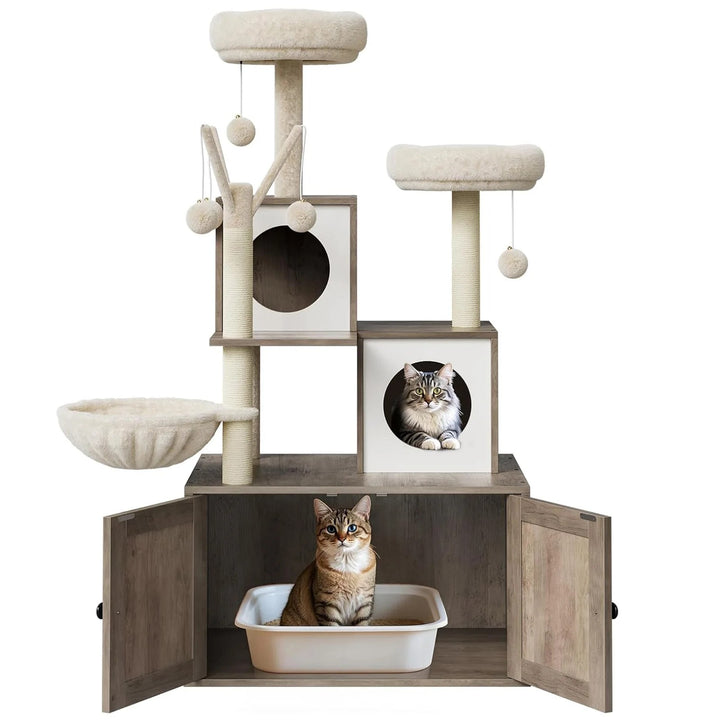 Designer Wooden Cat Tree with Litter Box - LuxeNest Model 