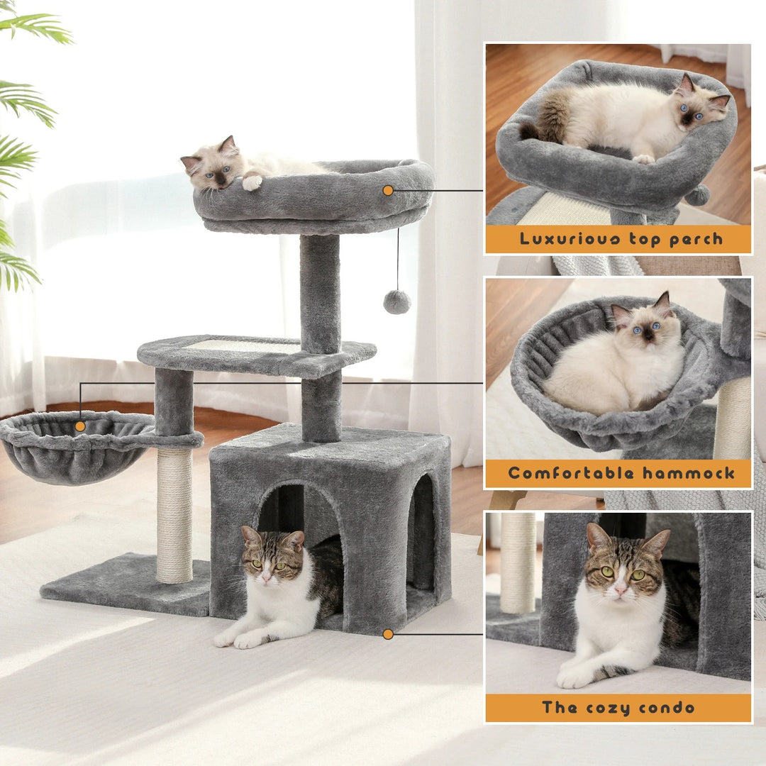 Arbre a chat beige / gris doux avec nid perché avec HAMAC