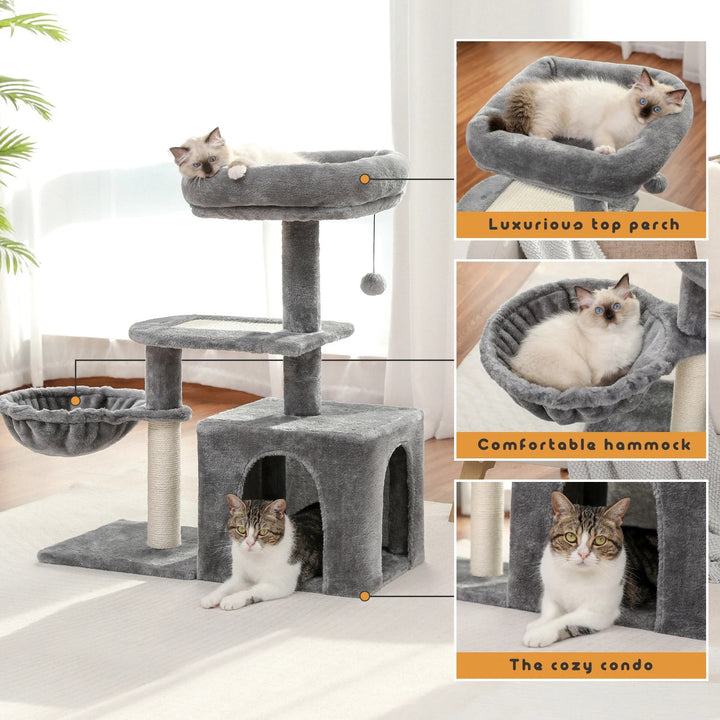 Arbre a chat beige / gris doux avec nid perché avec HAMAC