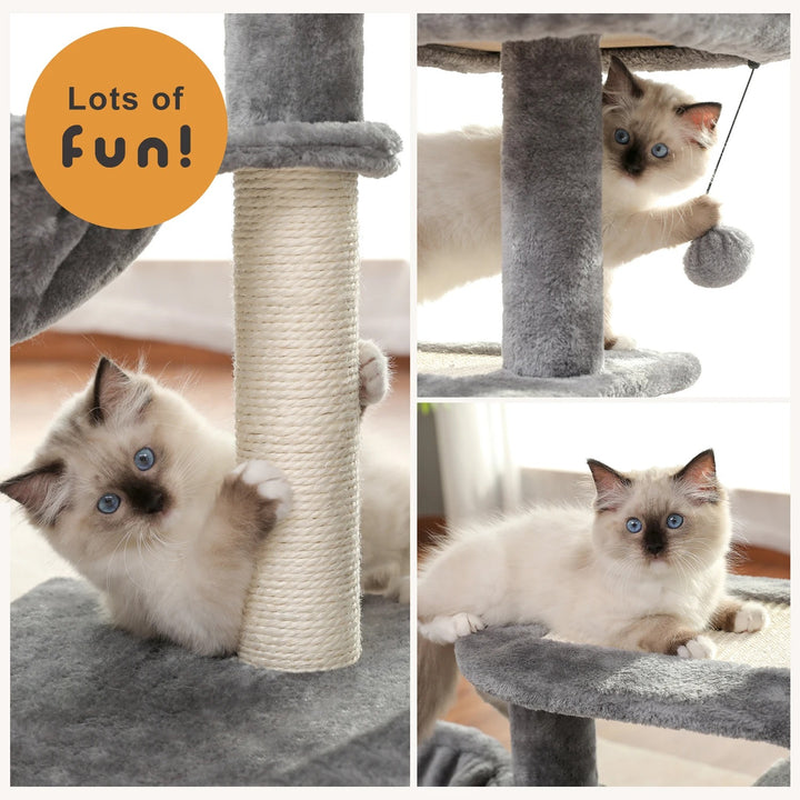 Arbre a chat beige / gris doux avec nid perché avec HAMAC