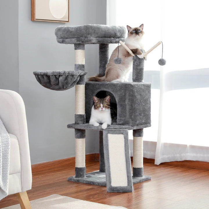 Arbre à chat en peluche gris ou beige - Modèle : "Minouland"