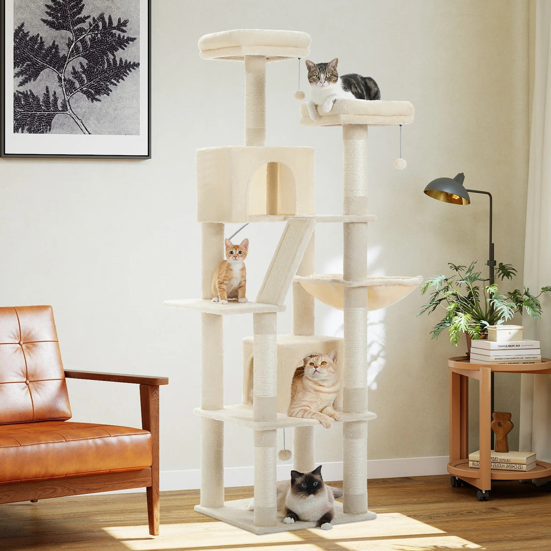 Arbre a chat maine coon multi-niveaux avec poteaux griffoir et hamac - Modèle : "FelineKingdom"