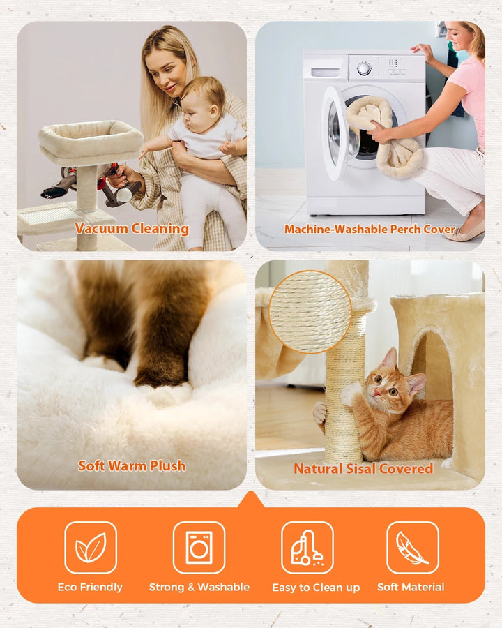 Arbre a chat beige / gris doux avec nid perché avec HAMAC