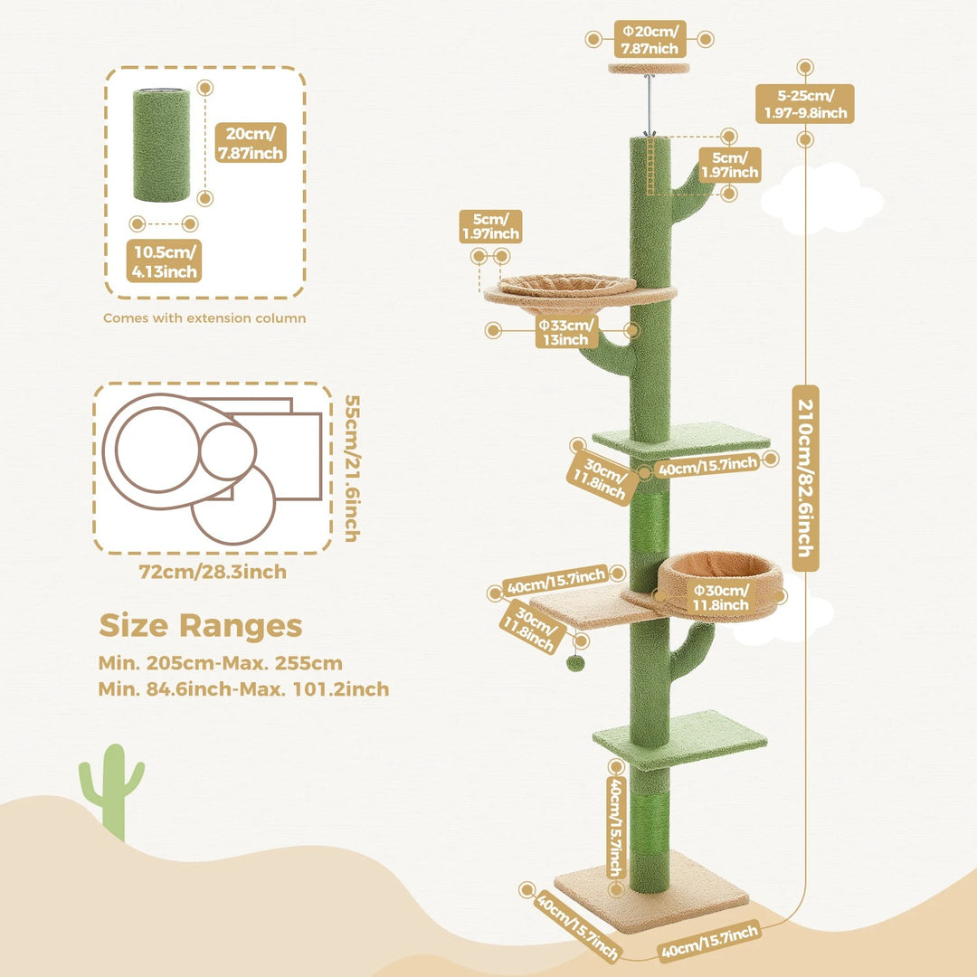 Arbre à chat ajustable du sol au plafond en forme de cactus - Modèle : "CactusCozy"
