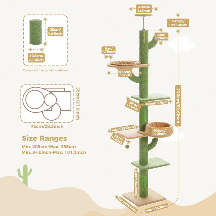 Arbre à chat ajustable du sol au plafond en forme de cactus - Modèle : "CactusCozy"