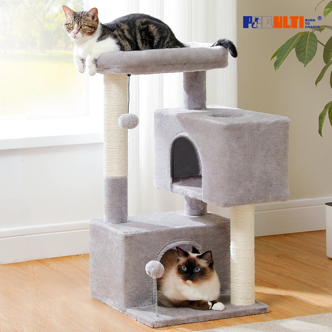 Arbre a chat beige / gris doux avec nid perché