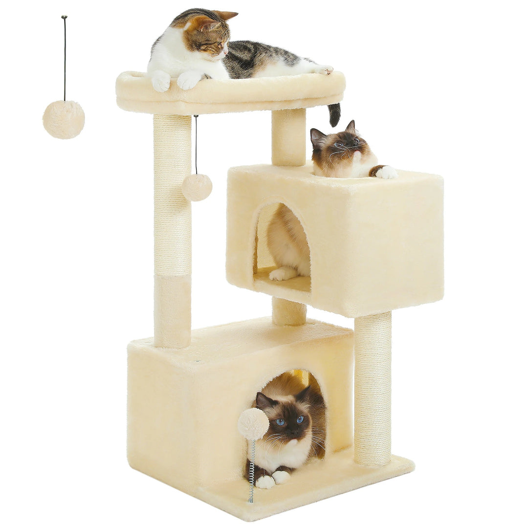 Arbre a chat beige / gris doux avec nid perché