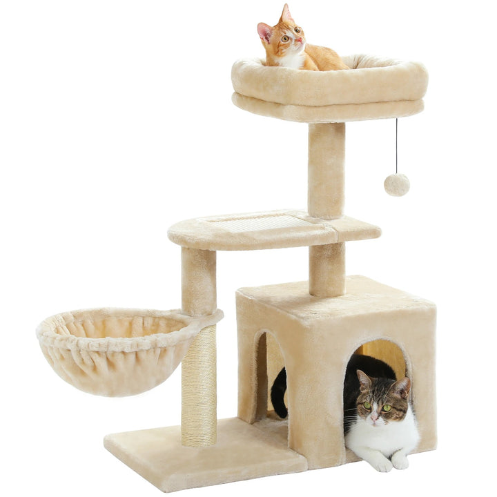 Arbre a chat beige / gris doux avec nid perché avec HAMAC