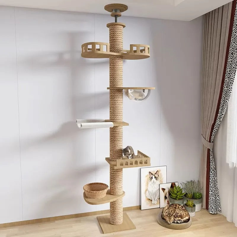 Arbre a chat XXL en bois naturel du sol au plafond avec hamac, Adapté gros chats, Maine Coon - Modèle : "SkyCat"