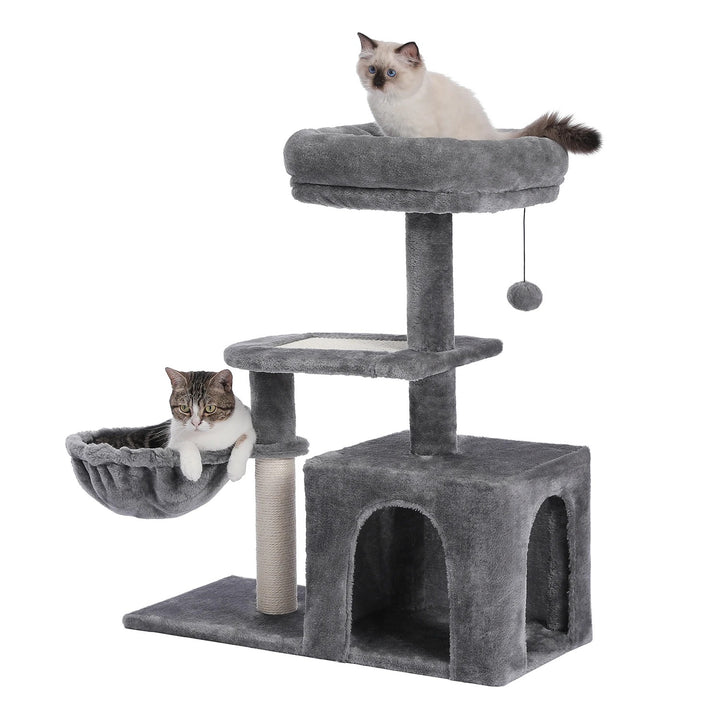 Arbre a chat beige / gris doux avec nid perché avec HAMAC