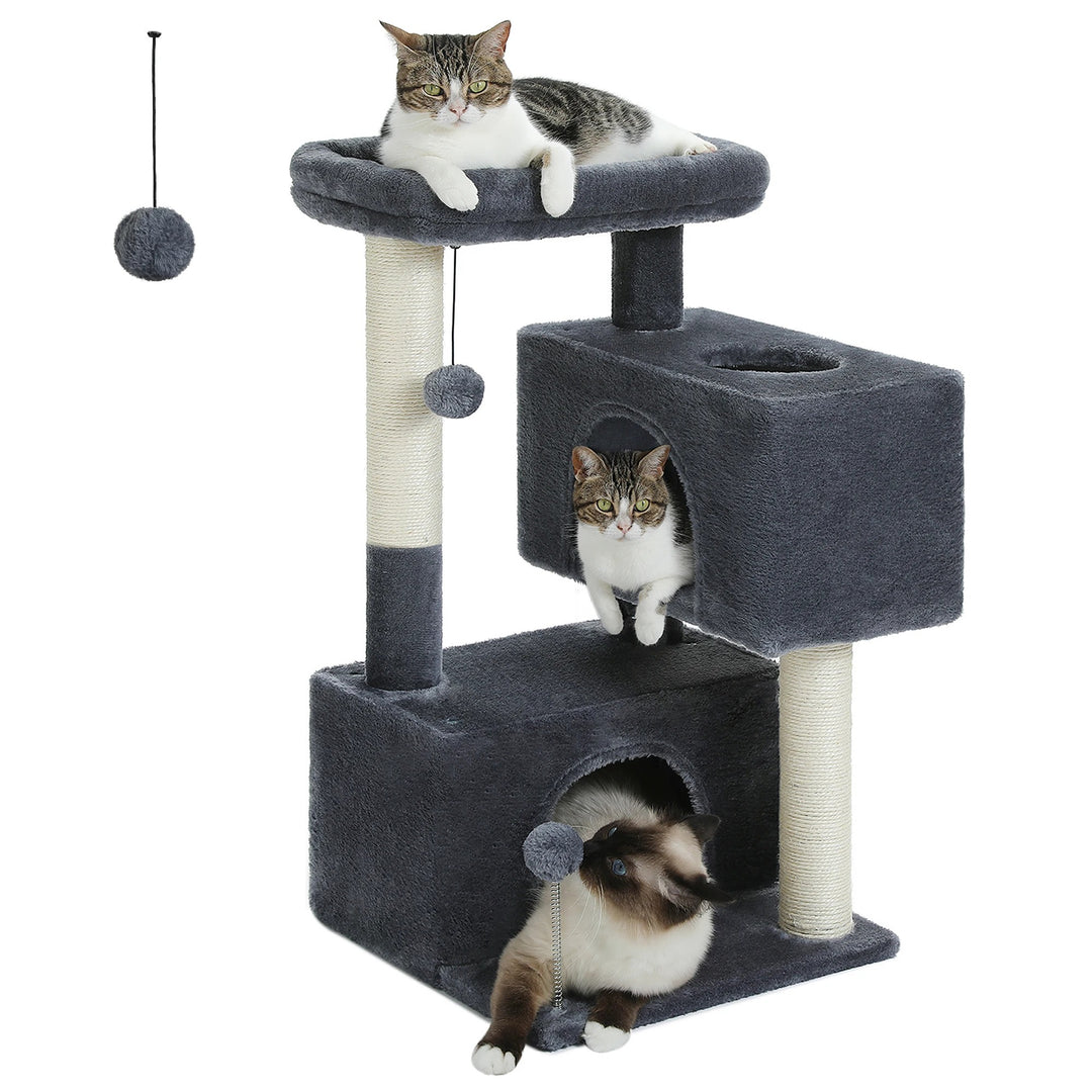 Arbre a chat beige / gris doux avec nid perché