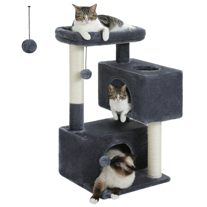 Arbre a chat beige / gris doux avec nid perché