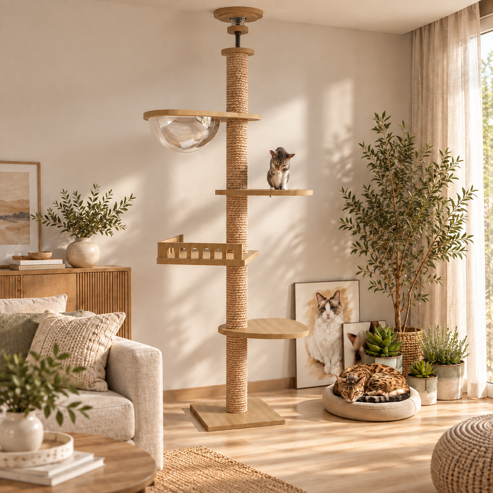 Arbre a chat XXL en bois naturel du sol au plafond avec hamac, Adapté gros chats, Maine Coon - Modèle : "SkyCat"